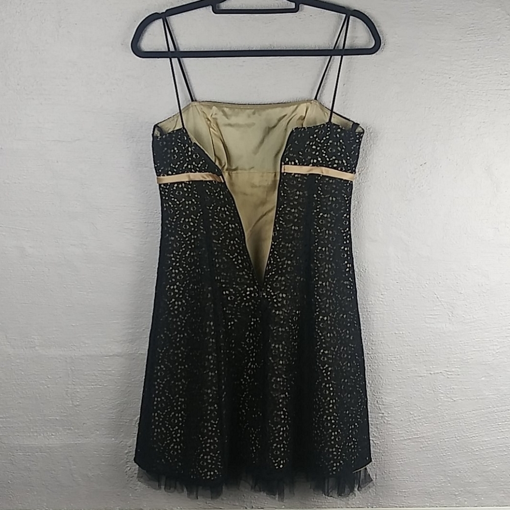 Betsy & Adam Black Gold Crochet Straight Neckline Spaghetti Strap Mini Dress - Picture 7 of 15